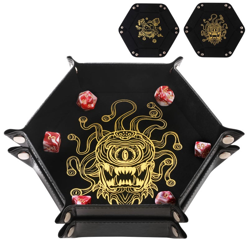 Grajar 2 Pcs Portable Folding Dice Rolling Tray Set for RPG DND Table Games PU Leather and Velvet Holder Storage Box Beholder - Image 2