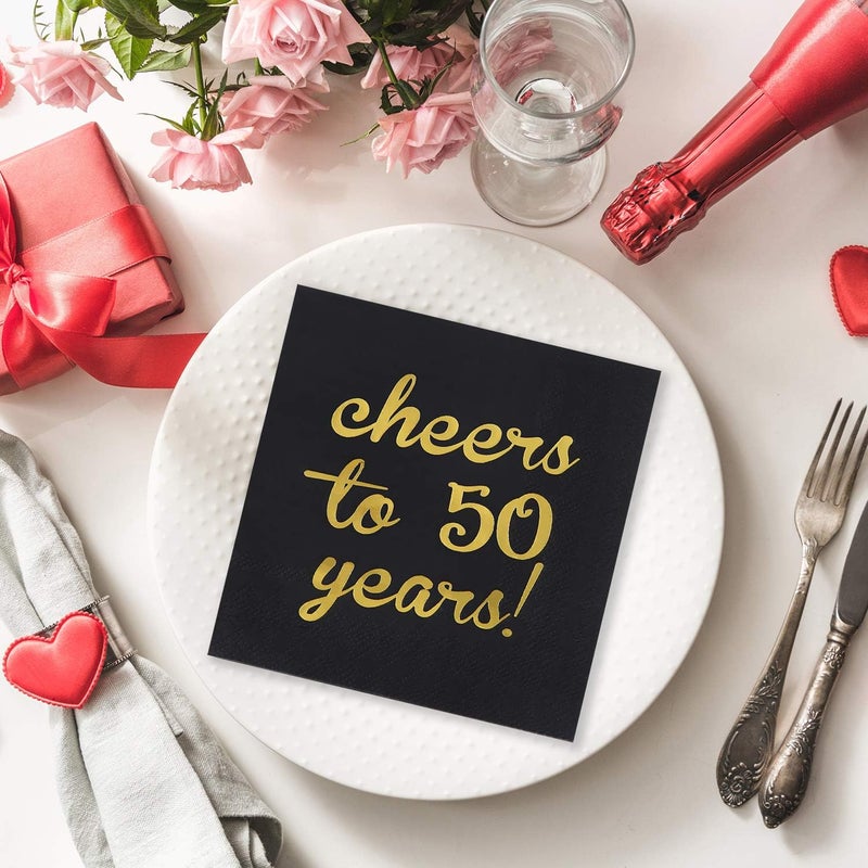 Elcoho 60 Pack Cocktail Napkins 50th Birthday Decorations Luncheon Napkins for Birthday, Anniversary Party Supplies, Cheers to 50 Years Design, 2 Layers, 5 by 5 Inches - Image 5