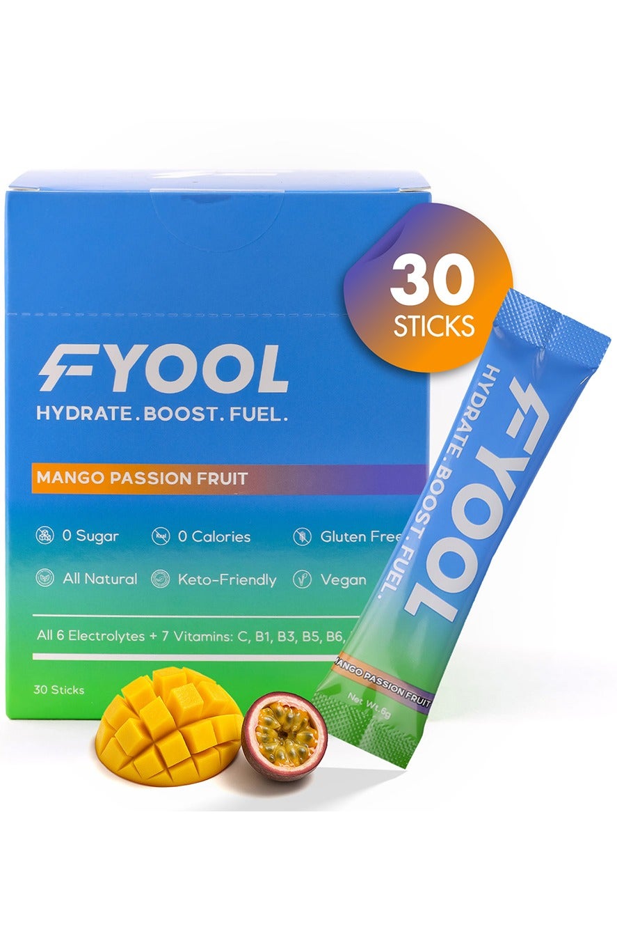 Fyool Hydration Electrolyte Powder| Electrolytes + Vitamins & Minerals | Zero Sugar & Calories | Energy Boost | Gluten-Free | Travel Essentials | Mango Passion Fruit Flavor | 30 Stick Packs