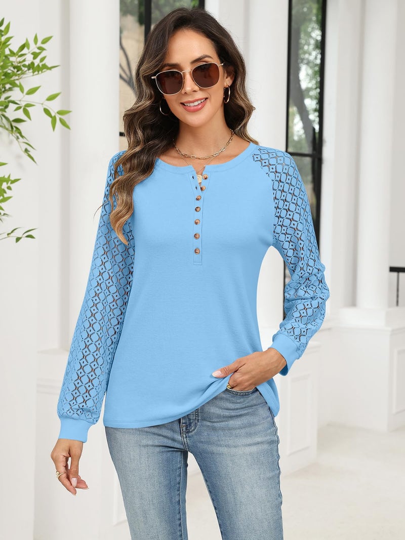 Minetom Women's Lace Long Sleeve Tops Henley Shirts Casual Blouses T Shirts Fall Clothes Blue - Image 3