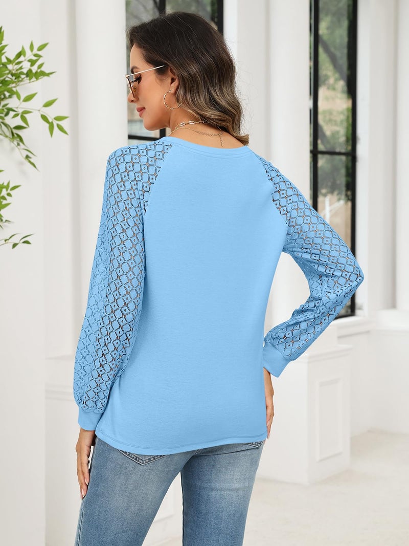 Minetom Women's Lace Long Sleeve Tops Henley Shirts Casual Blouses T Shirts Fall Clothes Blue - Image 5