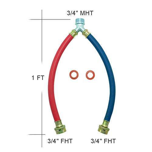 TT FLEX Rubber Washing Machine Y Mixer Hose Connector, Hot and Cold Color Coded, 3/4" Fittings, 1 ft (12") Length - Image 2
