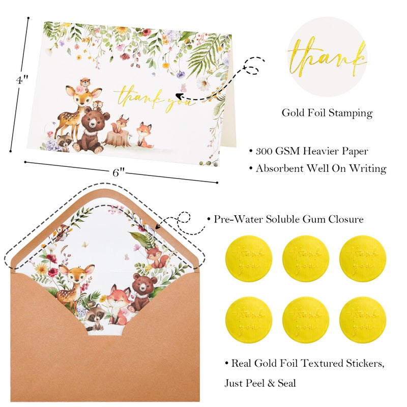 Crisky 50 Pack Woodland Thank You Cards Baby Shower Envelopes and Stickers Gold Foil Woodland Theme for Baby Shower Birthday Party Supplies 4Ã—6 inch - Image 2