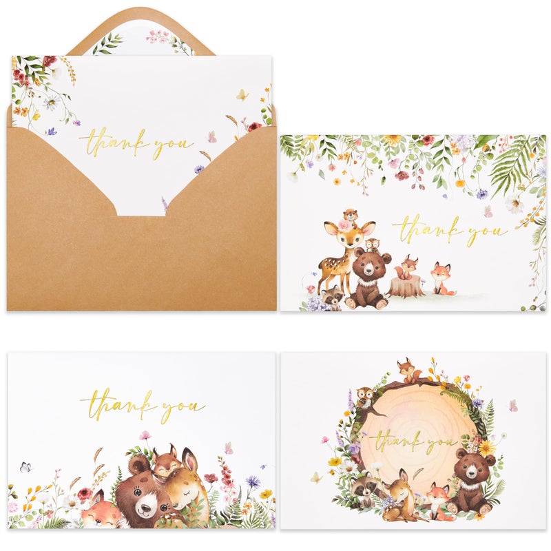 Crisky 50 Pack Woodland Thank You Cards Baby Shower Envelopes and Stickers Gold Foil Woodland Theme for Baby Shower Birthday Party Supplies 4Ã—6 inch - Image 1