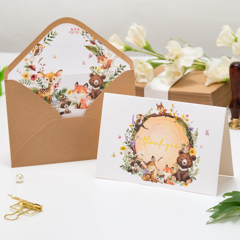 Crisky 50 Pack Woodland Thank You Cards Baby Shower Envelopes and Stickers Gold Foil Woodland Theme for Baby Shower Birthday Party Supplies 4Ã—6 inch - Image 3
