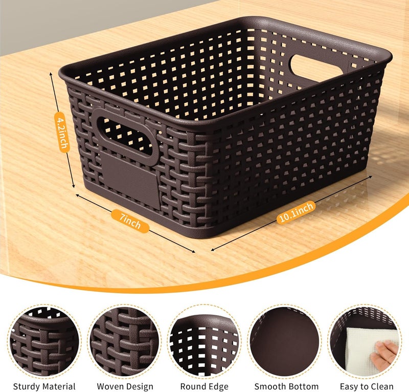 Wrrlors Brown Plastic Storage Baskets - Pack of 8 with Labels Stackable Durable Storage Bins, Storage Containers for Organizing Desktops, Closets, Playrooms, Classrooms, Offices - Image 2