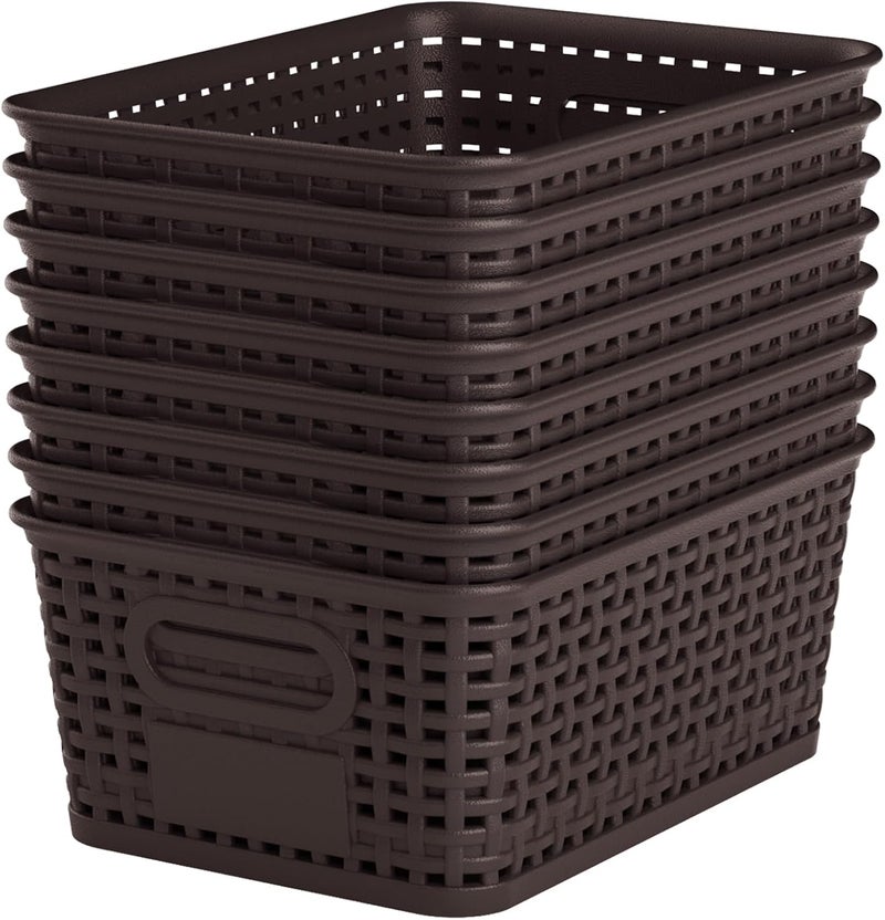 Wrrlors Brown Plastic Storage Baskets - Pack of 8 with Labels Stackable Durable Storage Bins, Storage Containers for Organizing Desktops, Closets, Playrooms, Classrooms, Offices - Image 1