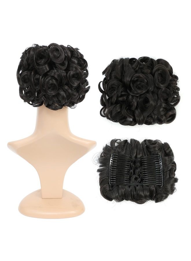 SWACC Short Messy Curly Dish Hair Bun Extension Easy Stretch hair Combs Clip in Ponytail Extension Scrunchie Chignon Tray Ponytail Hairpieces (Natural Color Close to Black-2#) - Image 1