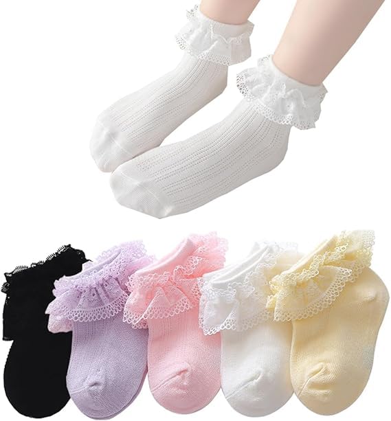 CUTEABLY Girls' Cotton Lace Socks, Polka Dot Print, Tutu Socks, Ankle High, Assorted (6-12 Months) - Image 1