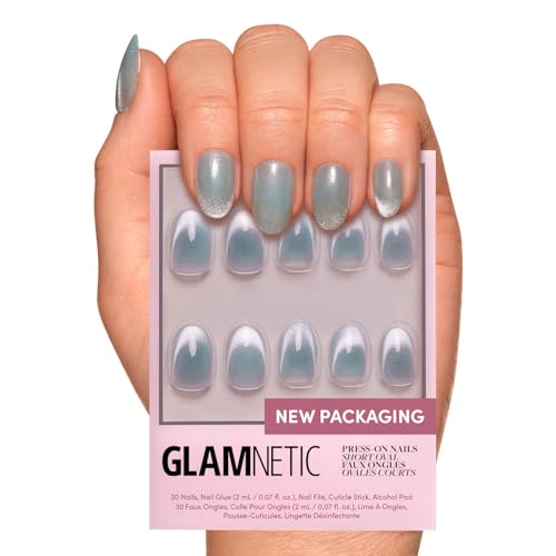 Glamnetic Press On Nails  Unicorn Tears  Short Oval MistyGrey Nails with a Mesmerizing Metallic Finish  15 Sizes  30 Nail Kit with Glue