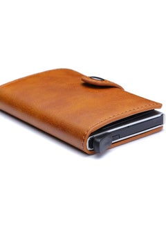 Premium Slim Aluminum Pop Up Card Holder Wallet Leather Unisex Design Secure And Stylish Chocolate Brown Case For Men And Women Protect Your Cards In Style!