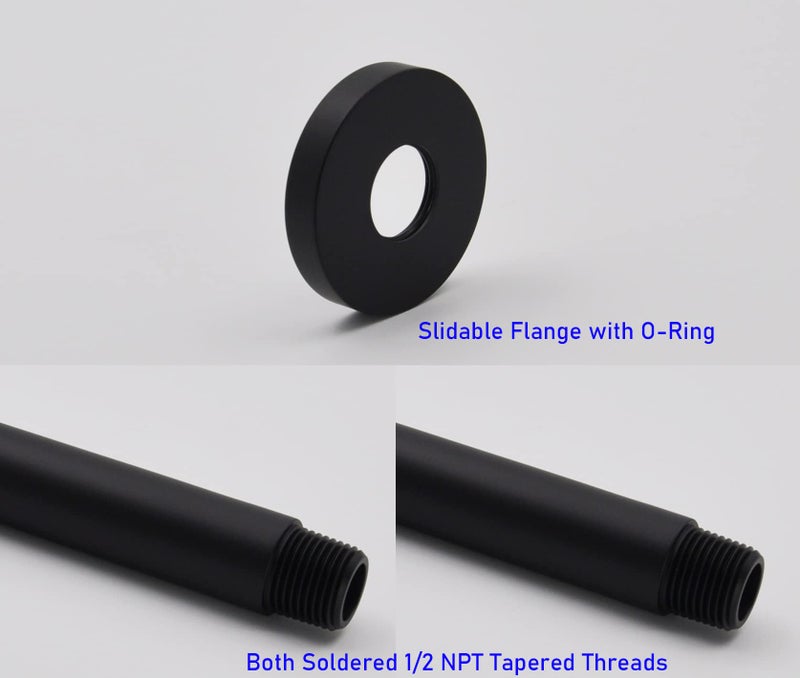 Aquaiaw Shower Arm and O-Ring Flange, 3 inch, Solid Brass, Round, Both Soldered 1/2 NPT Tapered Threads, Straight Shower Arm Extension, Ceiling Shower Head Arm for Rainfall Shower (Matte Black) - Image 4