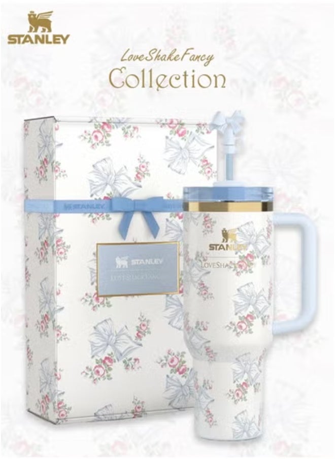 Stanley Stanley Love Shack Fancy H2.0 Flow State 40oz Rosa Beaux Blue Tumbler, Stainless Steel Vacuum Insulated Quencher with Lid ,Straw and Stopper in Elegant Gift-Ready Packaging, Keeps Drinks Cold for Hours  - Image 1