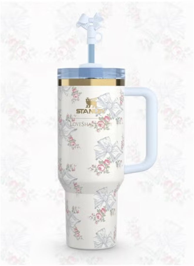Stanley Stanley Love Shack Fancy H2.0 Flow State 40oz Rosa Beaux Blue Tumbler, Stainless Steel Vacuum Insulated Quencher with Lid ,Straw and Stopper in Elegant Gift-Ready Packaging, Keeps Drinks Cold for Hours  - Image 2