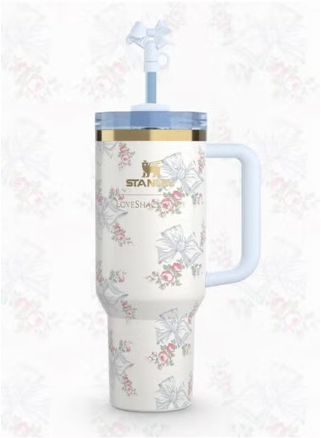 Stanley Love Shack Fancy H2.0 Flow State 40oz Rosa Beaux Blue Tumbler, Stainless Steel Vacuum Insulated Quencher with Lid ,Straw and Stopper in Elegant Gift-Ready Packaging, Keeps Drinks Cold for Hours - Image 1