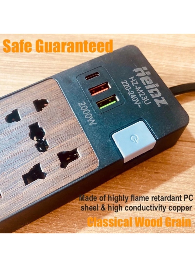 Panvil - Wooden Design Smart 6 Power Socket Extension 2 USB Port 1 C Type | 2 Meter | Home and Office Use | High Quality | Easy to Carry | 10A | 220V | 2000W (Wood Finish) - Image 1