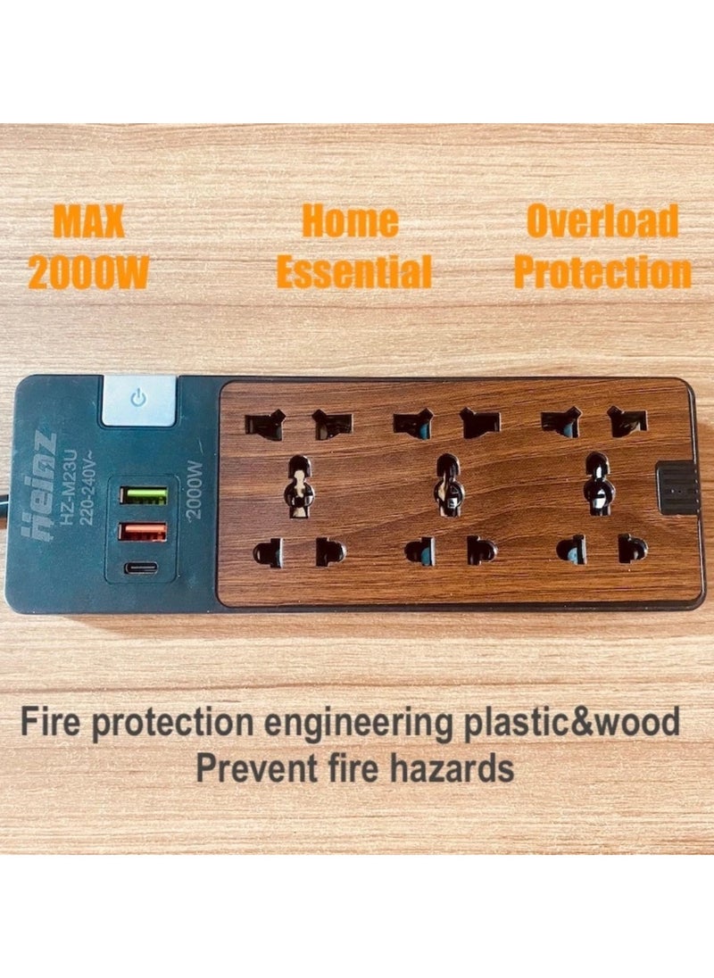 Panvil - Wooden Design Smart 6 Power Socket Extension 2 USB Port 1 C Type | 2 Meter | Home and Office Use | High Quality | Easy to Carry | 10A | 220V | 2000W (Wood Finish) - Image 1