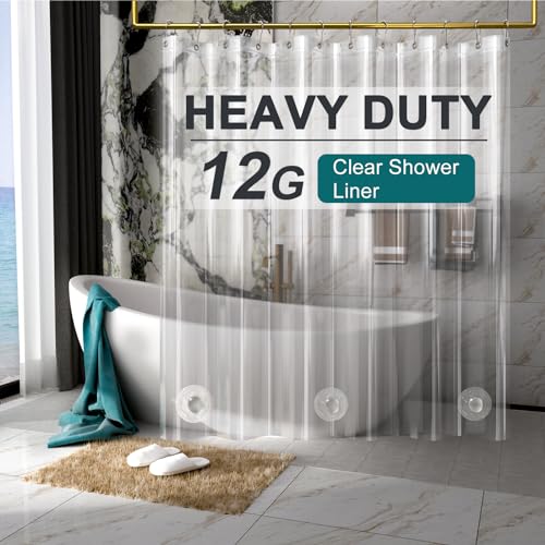 AmazerBath Heavy Duty Shower Curtain Liner 12 Gauge 72 x 65 Inches Clear Shower Curtain Liner with 3 Clear Stones and 12 Grommet Holes Weighted Plastic Shower Liner