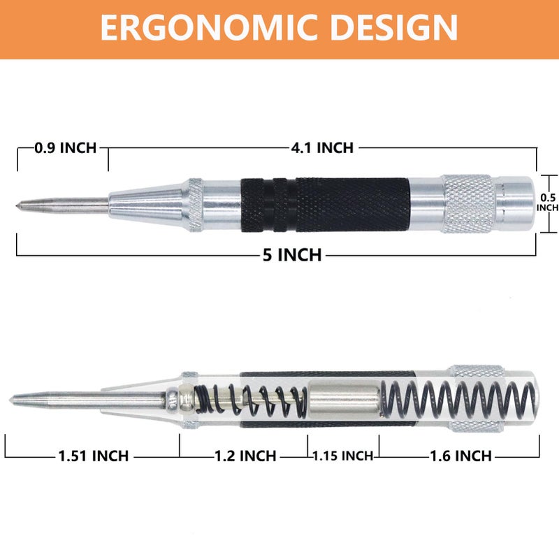 WHLLING 2-Piece Automatic Center Punch, 5 inch Spring Loaded Center Hole Punch with Adjustable Stroke Punch Tool for Metal Wood Glass Plastic, Metal Punch Tool for Woodworking - Image 2