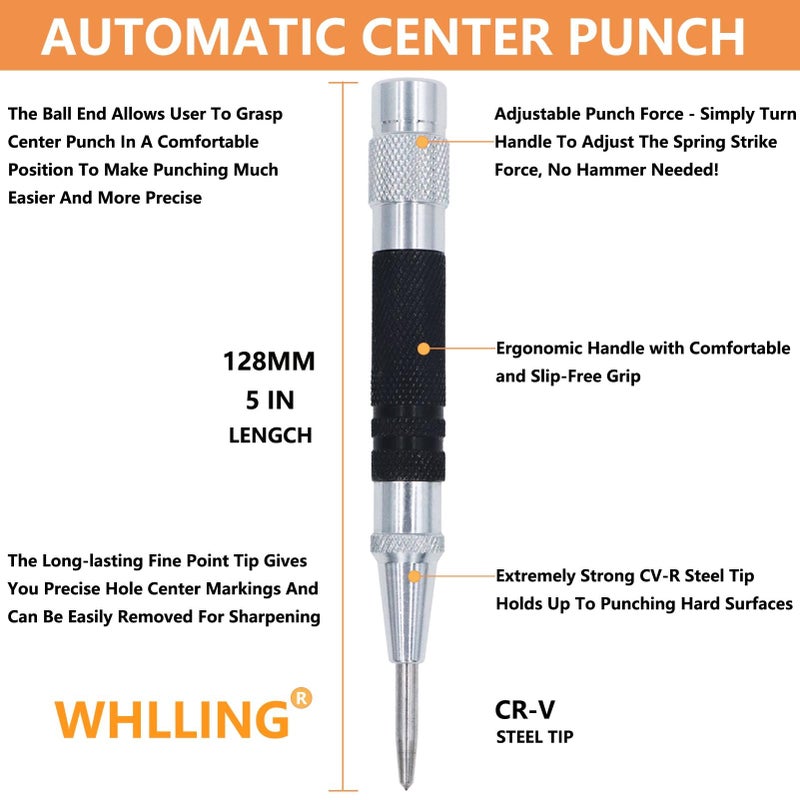WHLLING 2-Piece Automatic Center Punch, 5 inch Spring Loaded Center Hole Punch with Adjustable Stroke Punch Tool for Metal Wood Glass Plastic, Metal Punch Tool for Woodworking - Image 3
