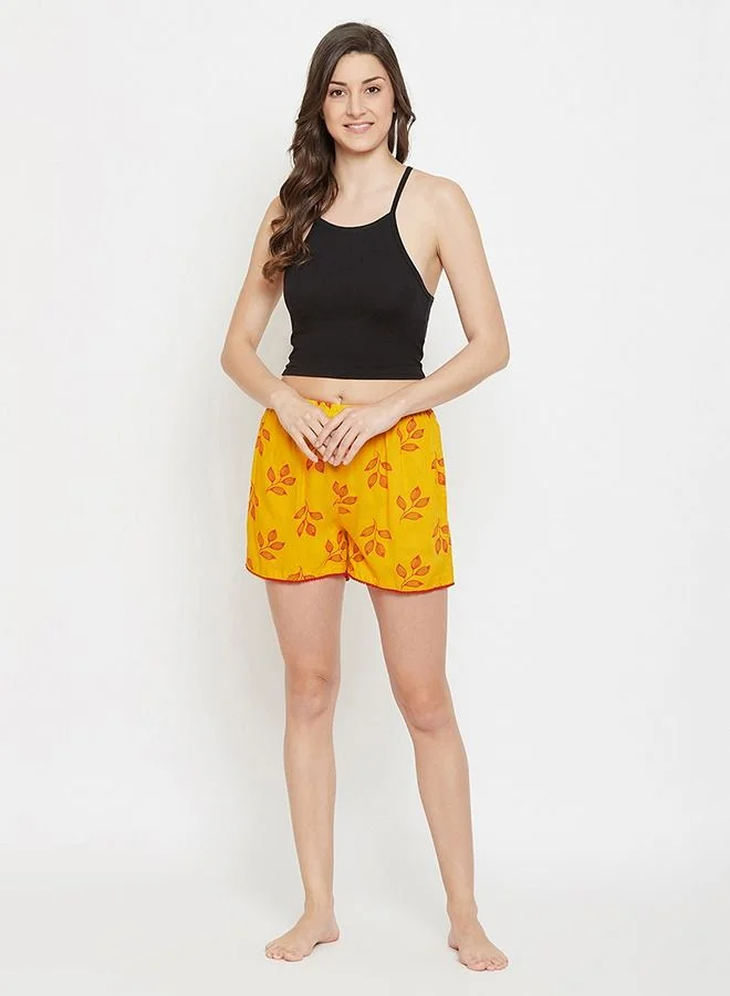 كلوفيا Clovia Leaf Print Boxer Shorts in Yellow - Rayon