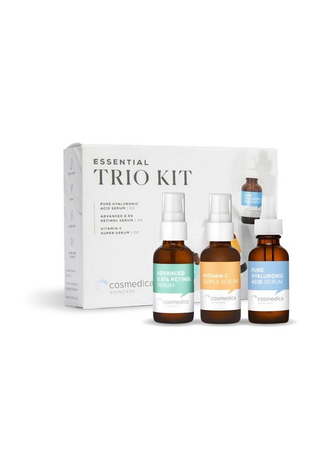 Cosmedica Skincare Facial Serum Trio Set Value For Clear Skin - Vitamin C Super Serum, 2.5% Retinol Serum, Pure Hyaluronic Acid Serum - Vegan, Cruelty-Free Skincare 3 Pack 