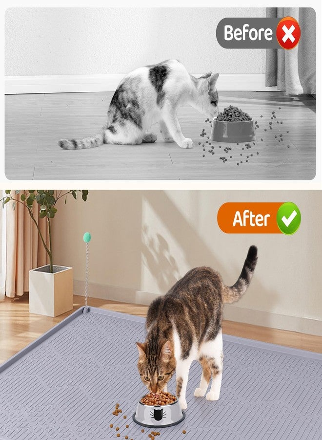 Bartuke Cat Food Mat with Toy Ball, 34'' x 22'' Extra Large Silicone Pet Feeding Mat with Raised Edge Pet Placemat for Food and Water Bowl Non-Slip, Easy to Clean, Floor Protection (Grey) - Image 4