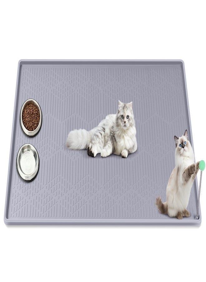 Bartuke Cat Food Mat with Toy Ball, 34'' x 22'' Extra Large Silicone Pet Feeding Mat with Raised Edge Pet Placemat for Food and Water Bowl Non-Slip, Easy to Clean, Floor Protection (Grey) - Image 1