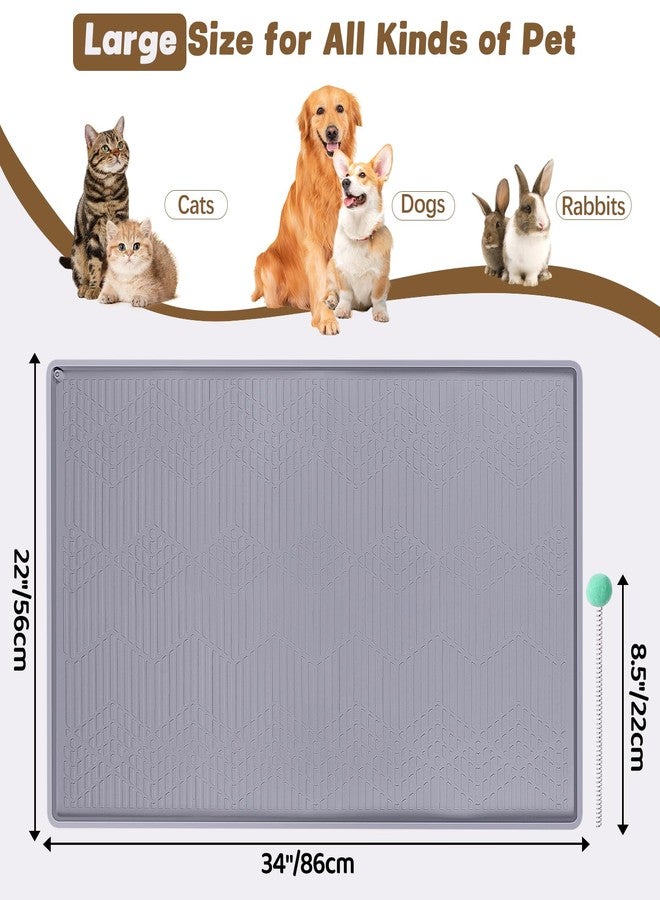Bartuke Cat Food Mat with Toy Ball, 34'' x 22'' Extra Large Silicone Pet Feeding Mat with Raised Edge Pet Placemat for Food and Water Bowl Non-Slip, Easy to Clean, Floor Protection (Grey) - Image 2