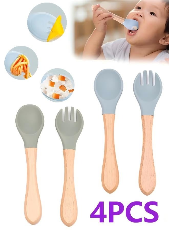 4 قطع من ملاعق وشوك الأطفال المصنوعة من السيليكون، أطقم أدوات مائدة للأطفال ذات رؤوس ناعمة، أدوات طعام للأطفال بمقبض خشبي مناسبة للتعلم الذاتي للأكل من عمر 6 أشهر فما فوق. - Image 1