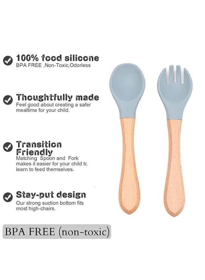 4 قطع من ملاعق وشوك الأطفال المصنوعة من السيليكون، أطقم أدوات مائدة للأطفال ذات رؤوس ناعمة، أدوات طعام للأطفال بمقبض خشبي مناسبة للتعلم الذاتي للأكل من عمر 6 أشهر فما فوق. - Image 3