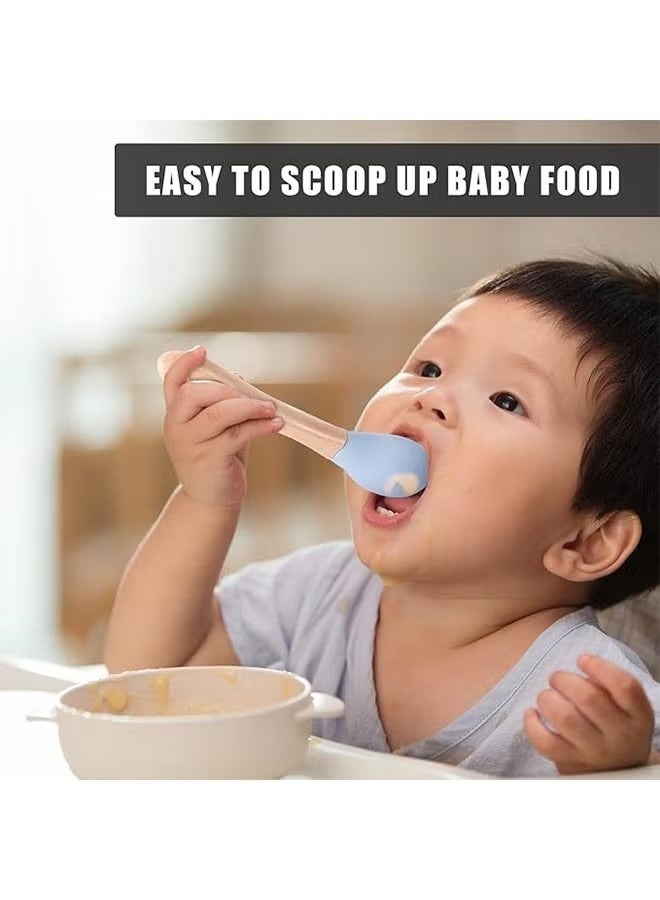 4 قطع من ملاعق وشوك الأطفال المصنوعة من السيليكون، أطقم أدوات مائدة للأطفال ذات رؤوس ناعمة، أدوات طعام للأطفال بمقبض خشبي مناسبة للتعلم الذاتي للأكل من عمر 6 أشهر فما فوق. - Image 5