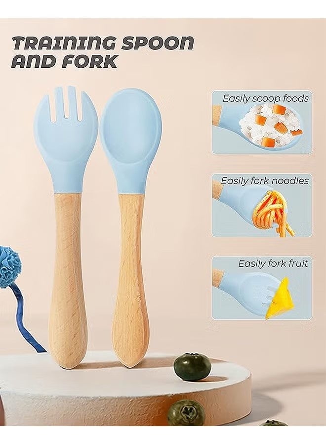 4 قطع من ملاعق وشوك الأطفال المصنوعة من السيليكون، أطقم أدوات مائدة للأطفال ذات رؤوس ناعمة، أدوات طعام للأطفال بمقبض خشبي مناسبة للتعلم الذاتي للأكل من عمر 6 أشهر فما فوق. - Image 4