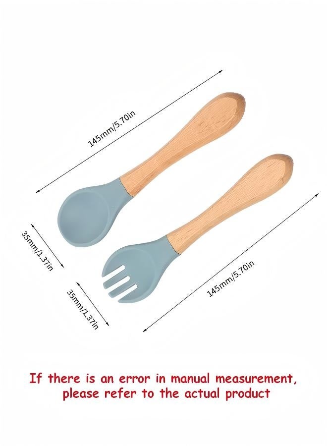 4 قطع من ملاعق وشوك الأطفال المصنوعة من السيليكون، أطقم أدوات مائدة للأطفال ذات رؤوس ناعمة، أدوات طعام للأطفال بمقبض خشبي مناسبة للتعلم الذاتي للأكل من عمر 6 أشهر فما فوق. - Image 2