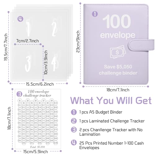 Pemocyny 100 Envelopes Money Saving Challenge Binder with Reusable Laminated Tracker, Budget Book with Cash Envelopes, Easy and Fun Way to Save $5,050 (Purple) - Image 2