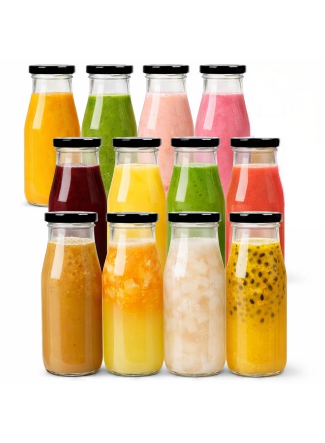 Luxoraq Glass Milk Bottles with Black Lids (Pack of 12), Reusable Glass Drinking Containers for Milk, 250ml Juice Bottles, Yogurt, Smoothies, Honey, Jam, Sauce, Syrup  Glass Bottle For Zam Zam water - Image 1