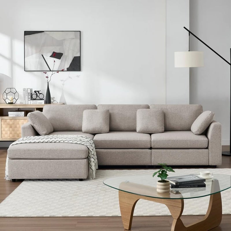 Modern 2-Piece Upholstered Sectional Sofa with Convertible Chaise Lounge - Khaki, Left Hand Facing - Image 1