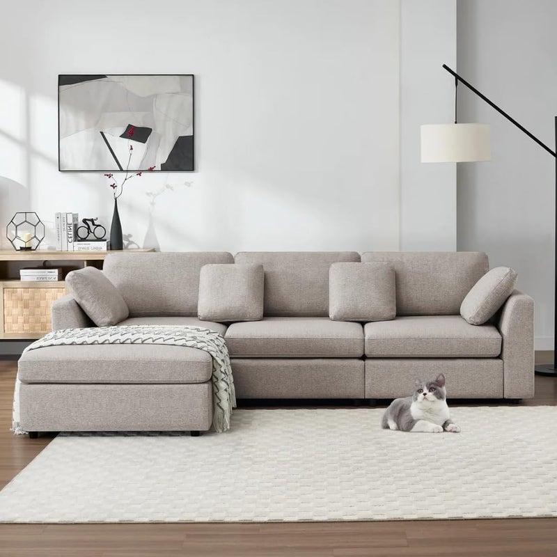 Modern 2-Piece Upholstered Sectional Sofa with Convertible Chaise Lounge - Khaki, Left Hand Facing - Image 4