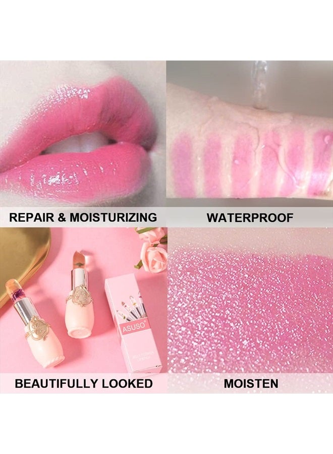 BINGBRUSH 2Pcs Color Changing Lipstick,Pink Crystal Flower Jelly PH Mood Long Lasting Labiales Lip Care Moisturizer Lip Balm Korean Magic Lip Gloss Lip Tinted Stain Makeup Lipstick Set for Women - Image 4