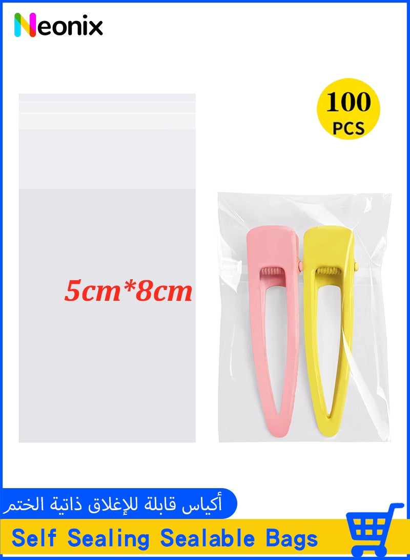 نيونيكس 100 كيس سيلوفان ذاتي الإغلاق، أكياس تغليف أغذية، أكياس OPP شفافة مناسبة للبسكويت والبطاقات والمغلفات والصور الفوتوغرافية والأغراض الزخرفية الصغيرة، أبعاد 5 سم × 8 سم - Image 1
