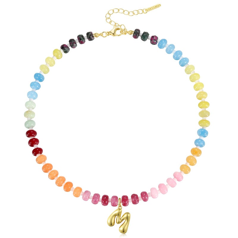 KissYan Initial Necklaces for Women, Colorful Beaded Gemstone Choker 14K Gold Bubble Letter Pendant Necklace Natural Stone Summer Beach Handmade Jewelry Gift(M) - Image 1