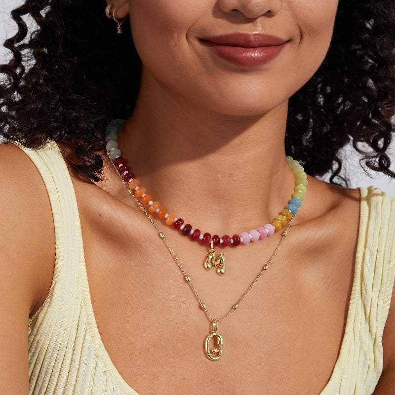 KissYan Initial Necklaces for Women, Colorful Beaded Gemstone Choker 14K Gold Bubble Letter Pendant Necklace Natural Stone Summer Beach Handmade Jewelry Gift(M) - Image 2