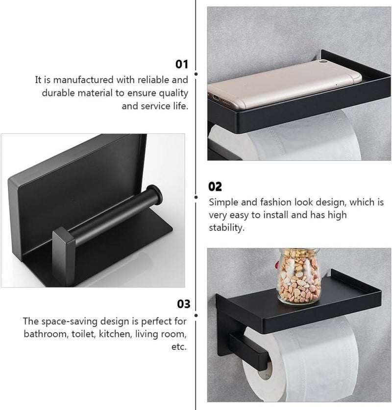 Zerodeko Wall-Mounted Stainless Steel Toilet Paper Rack with Storage Shelf, Black Multipurpose Roll Paper Holder for Bathroom Organization and Phone Placement - Image 3