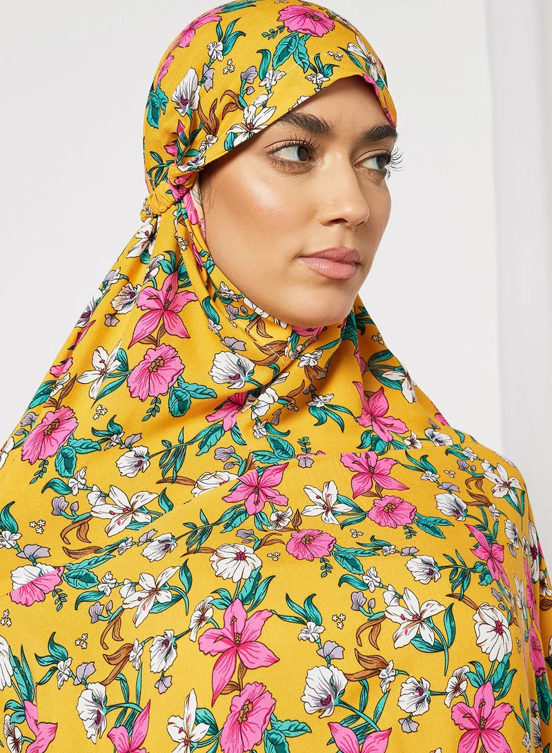 Hayat Praying Dress With Floral Prints And Attached Veil