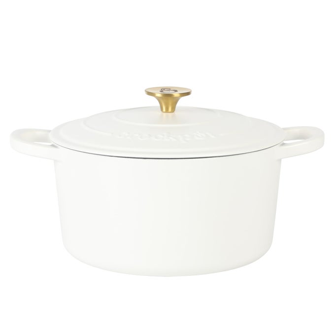 CROCK POT ARTISAN 6QUART ROUND EUROPEAN ENAMELED DUTCH OVEN POT WITH LID MATTE LINEN WHITE WGOLD KNOB
