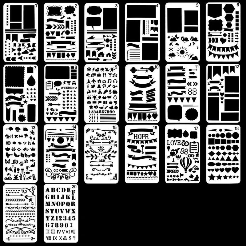 Lystin Journal Stencil 20 PCS Plastic Planner Stencils Set for Journal Notebook Diary Scrapbook DIY Drawing Card Template Journal Stencils 4x7 Inch1 