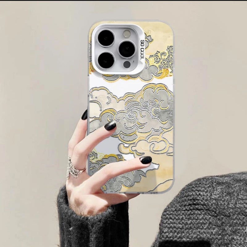 Apple iPhone 16 Pro Max Phone Case, TPU Shockproof, Stylish, Creative, Colorful Painted Gold Edge Auspicious Cloud Drop Protection Phone Case - Image 2