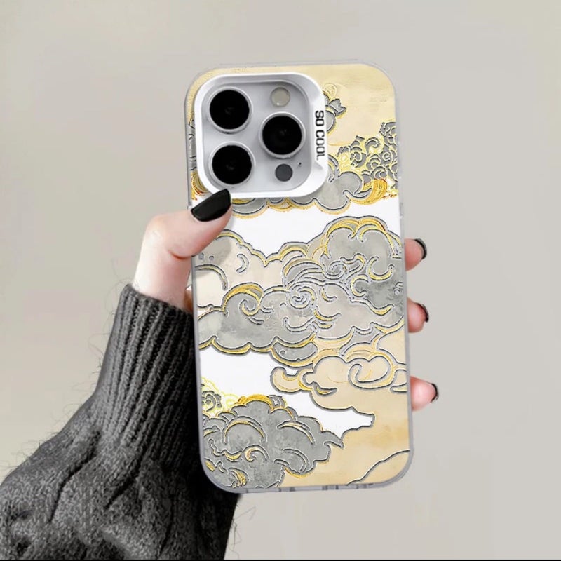 Apple iPhone 16 Pro Max Phone Case, TPU Shockproof, Stylish, Creative, Colorful Painted Gold Edge Auspicious Cloud Drop Protection Phone Case - Image 1
