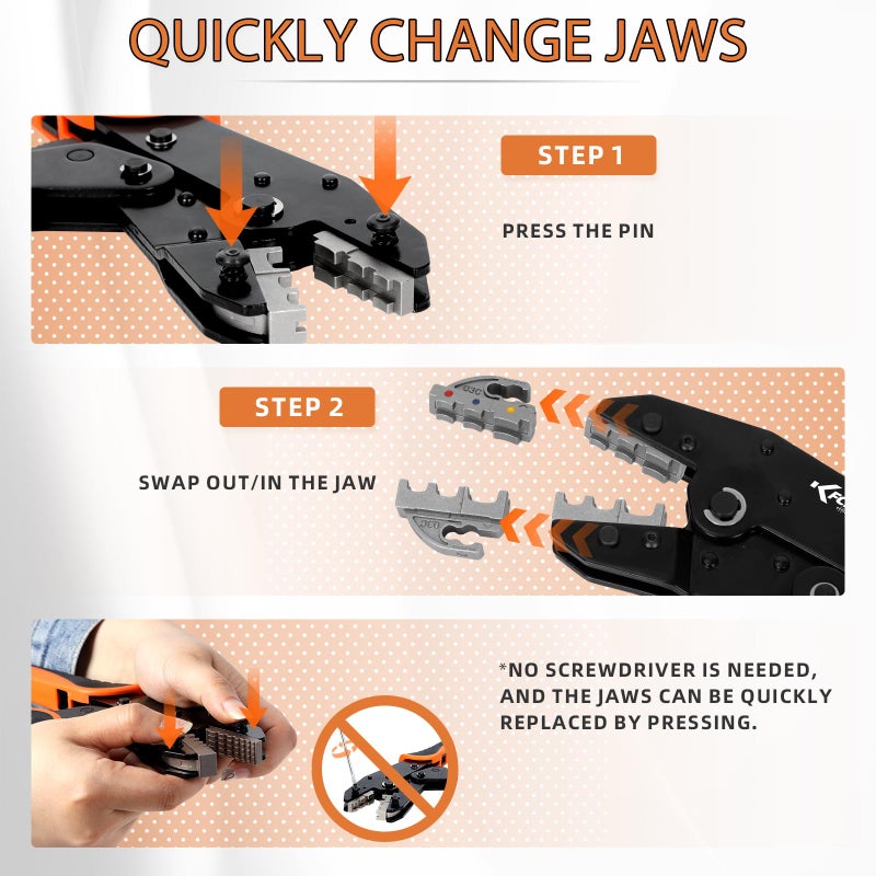 KF CPTEC Crimping Tool Set 5PCS - Ratchet Wire Crimper Kit - Quick Exchange Jaw for Heat Shrink, Insulated Electrical Connectors, Insulated and Non-Insulated Ferrules, Non-Insulated Terminal Crimper - Image 3