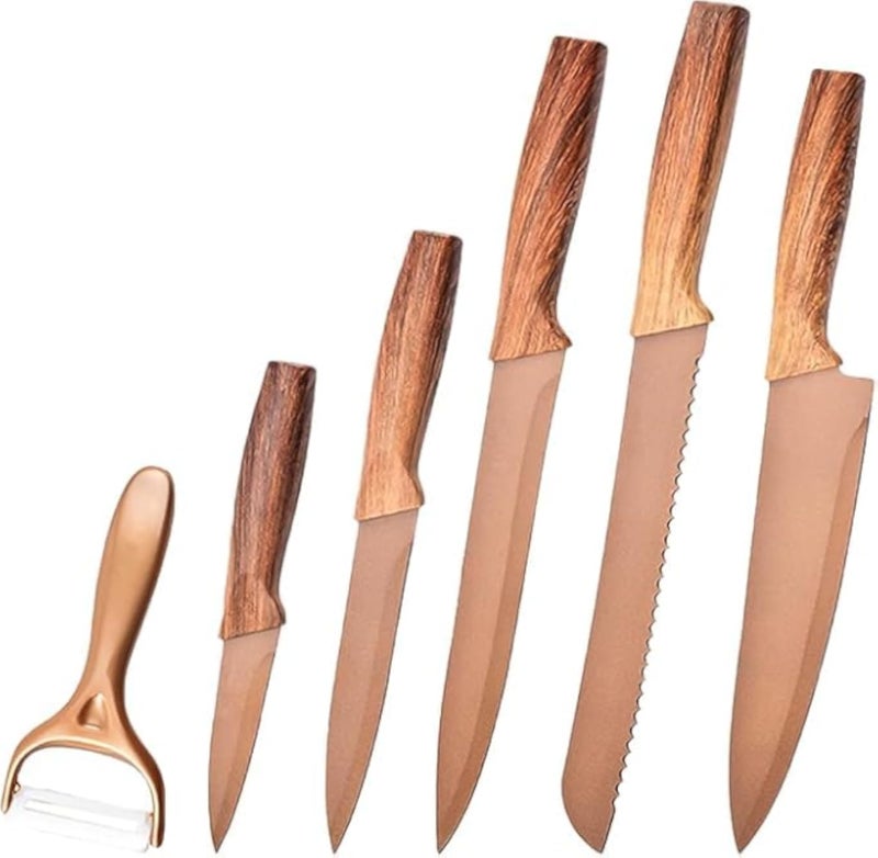 Knife Set 6 Piece Stainless Steel Kitchen Knives Nonstick Coating With Peeler Chef Bread Slicing Utility Paring For Home Cooking